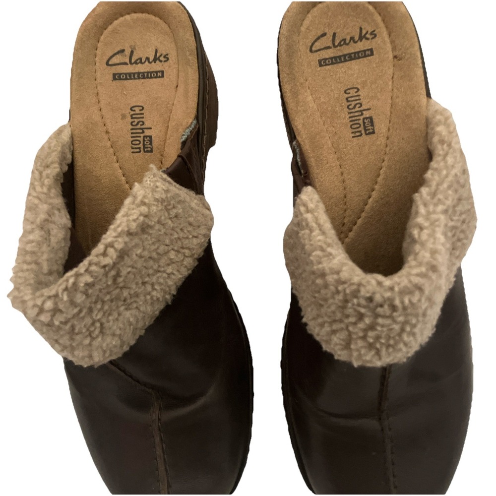 Clarks Shoes Womens Size 7 Brown Leather Faux Fur Clog Mule Slip On Cushion Soft